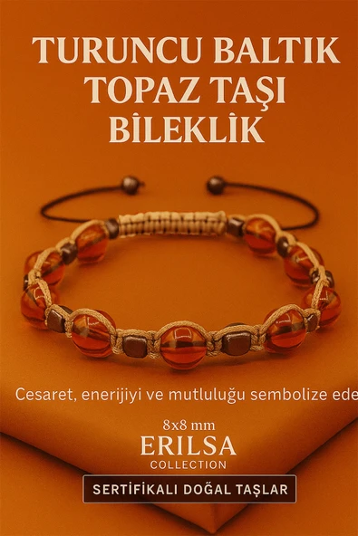 Sertifikalı Turuncu Baltık Topaz Doğal Taş Bileklik - 8x8 mm Cesaret Mutluluk Enerji Taşı ürün görseli