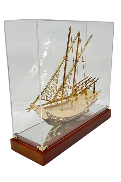 Pirinç Yelkenli Gemi Altın Kaplama Katar Dhow Teknesi Kutulu 29cm No.1 - Resim 10