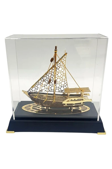 Pirinç Yelkenli Gemi Altın Kaplama Katar Dhow Teknesi Deri Kutulu 23cm No.2 - Resim 6