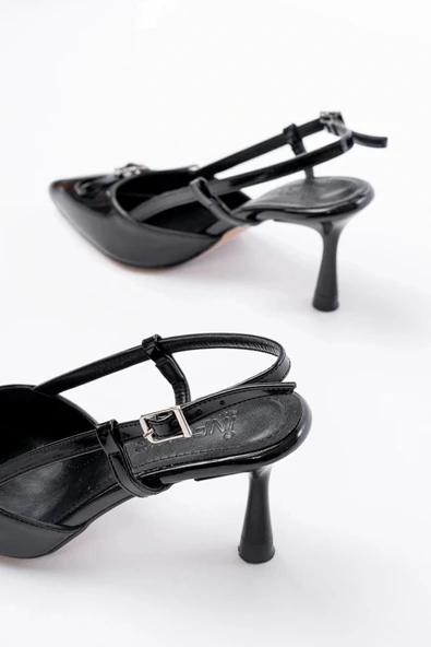 İNF-2300 Siyah Rugan Günlük Arkası Açık Fiyonklu Topuklu Bayan Ayakkabı - Resim 5