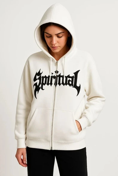 Kadın Oversize Kapüşonlu Sweatshirt Hoodie 3 İplik Şardonlu Pamuklu Kumaş, Önü Baskılı, Fermuarlı Rahat Kalıp, Kışlık ve - Resim 2