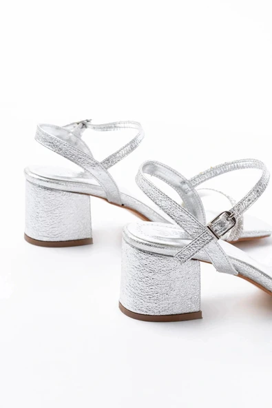 S-890 Gümüş Çift Bantlı Taşlı Kalın Topuklu Kadın Ayakkabı - Resim 5