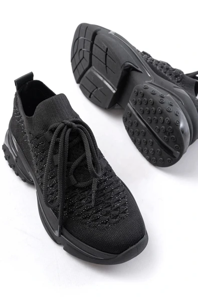 SP-2024 Siyah Günlük Bağcıklı Fileli Taş Aksesuarlı Kadın Spor Ayakkabı - Resim 4