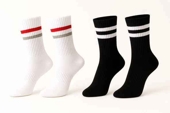 Erkek Siyah Beyaz Soket Çorap 2’li Set – Pamuklu Spor ve Günlük Kullanım – Plus Scorpion ürün görseli