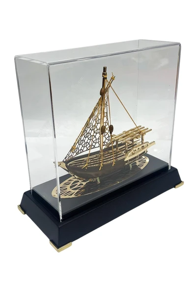 Pirinç Yelkenli Gemi Altın Kaplama Katar Dhow Teknesi Deri Kutulu 23cm No.2 - Resim 11