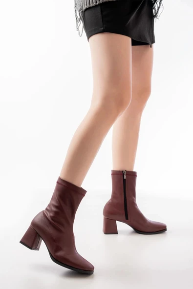 MSK-033 Bordo Topuklu Fermuarlı Kadın Bot - Resim 3