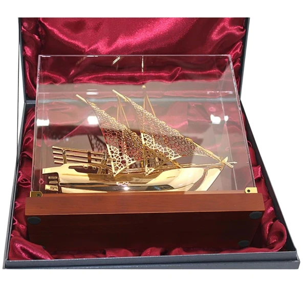 Pirinç Yelkenli Gemi Altın Kaplama Katar Dhow Teknesi Kutulu 29cm No.1 - Resim 2