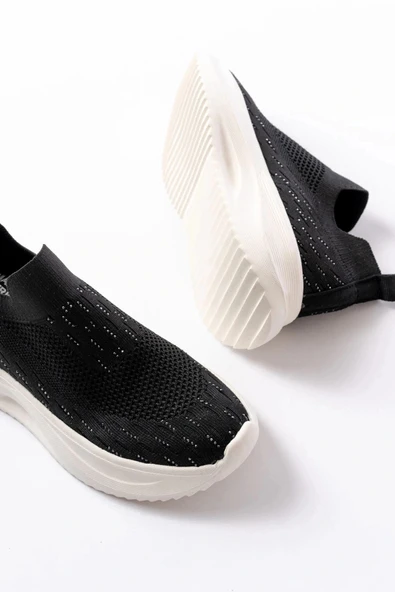 DM-707  Siyah Fileli Beyaz Faillant Taban Taş Aksesuarlı Günlük Spor Ayakkab - Resim 4