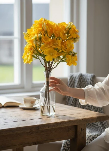 Yapay Çiçek Sarı Yasemin Çiçeği Demeti 4 Dallı Buket 40*20cm - Resim 7