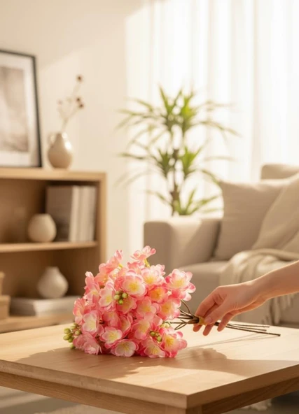 Yapay Çiçek Pembe Yasemin Çiçeği Demeti 4 Dallı Buket 40*20cm - Resim 8