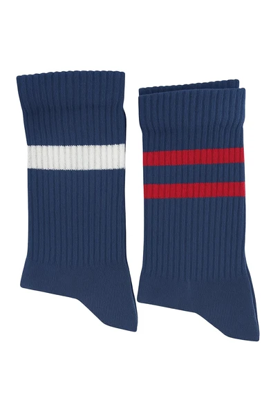 Erkek Lacivert Soket Çorap 2’li Set – Çizgili Pamuklu Spor ve Günlük Kullanım – Plus Scorpion - Resim 9