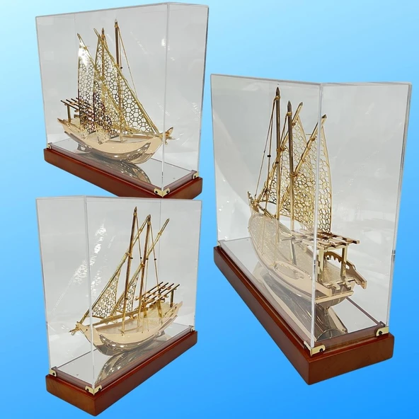 Pirinç Yelkenli Gemi Altın Kaplama Katar Dhow Teknesi Kutulu 29cm No.1 - Resim 5