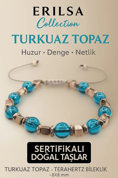 Sertifikalı Turkuaz Topaz Doğal Taş Bileklik - 8x8 mm Huzur Denge Netlik Enerji Taşı ürün görseli