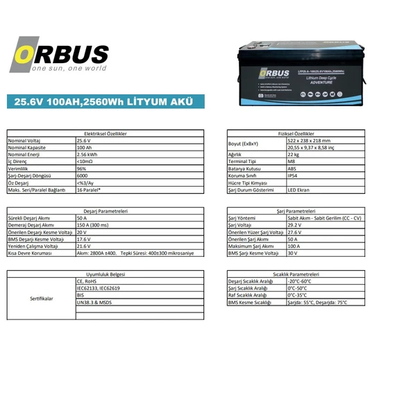 Orbus 100 ah 25.6 V LİFEPo4 Akü - Resim 2