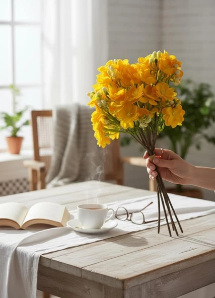 Yapay Çiçek Sarı Yasemin Çiçeği Demeti 4 Dallı Buket 40*20cm - Resim 4