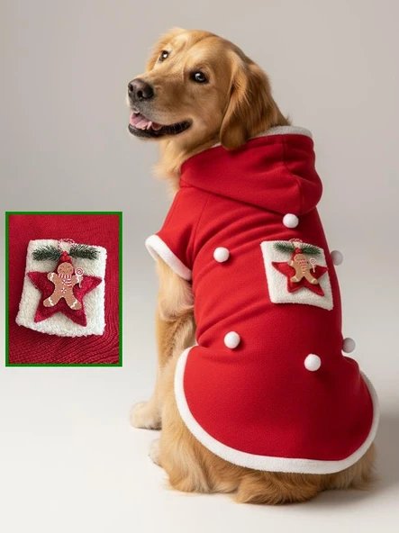 Red Star Kırmızı Yılbaşı Köpek Kıyafeti | Noel Baba Kapüşonlu Polar Sweatshirt | Orta ve Büyük Irklar İçin ürün görseli