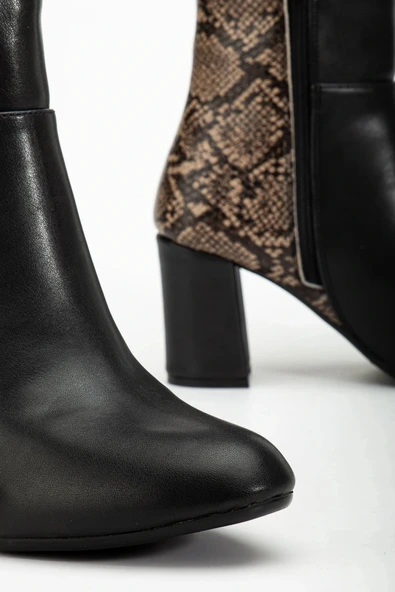 292 Siyah Leopar Desen Detaylı Fermuarlı  Yüksek Topuklu Günlük Kadın Bot - Resim 5