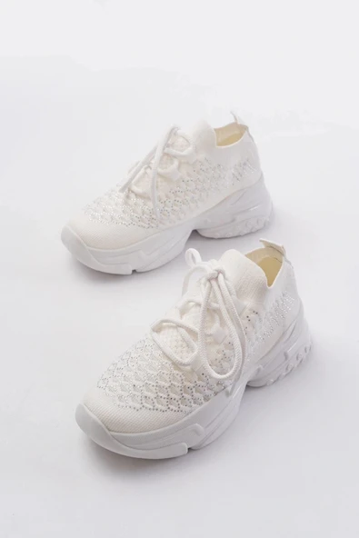 SP-2024 Beyaz Günlük Bağcıklı Fileli Taş Aksesuarlı Kadın Spor Ayakkabı - Resim 3