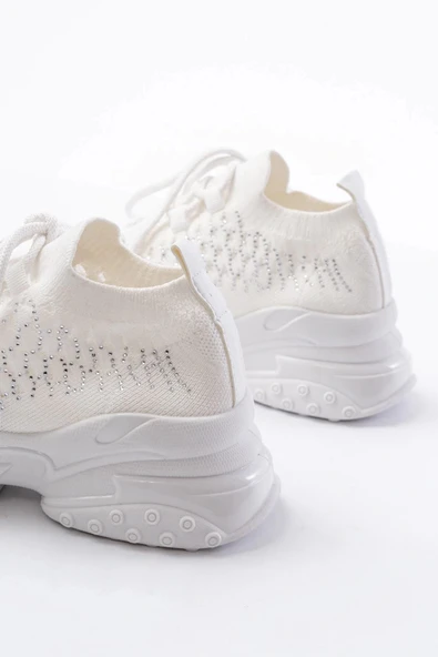 SP-2024 Beyaz Günlük Bağcıklı Fileli Taş Aksesuarlı Kadın Spor Ayakkabı - Resim 5