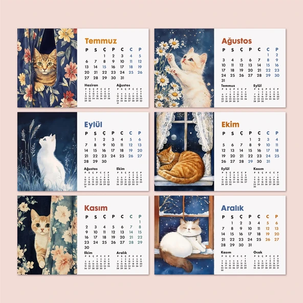 2026 Kedili Masa Takvimi | Üç Aylık Takvim - Önceki Ay Sonraki Ay | Kedi Severlere Hediye - Resim 4
