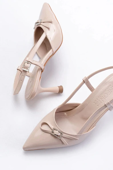 İNF-2300 Bej Rugan Günlük Arkası Açık Fiyonklu Topuklu Bayan Ayakkabı - Resim 5