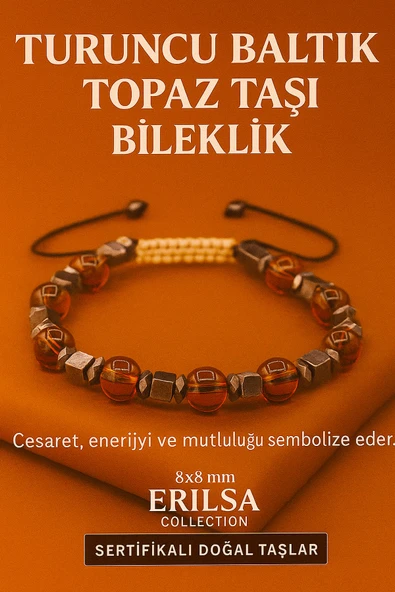 Sertifikalı Turuncu Baltık Topaz Doğal Taş Bileklik - 8x8 mm Cesaret Mutluluk ve Enerji Taşı - Resim 2