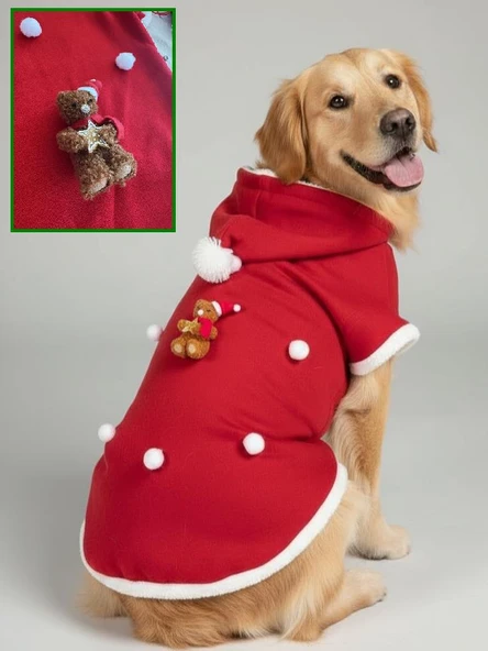 Santa Teddy Kırmızı Yılbaşı Köpek Kıyafeti | Noel Baba Kapüşonlu Polar Sweatshirt | Orta ve Büyük Irklar İçin ürün görseli