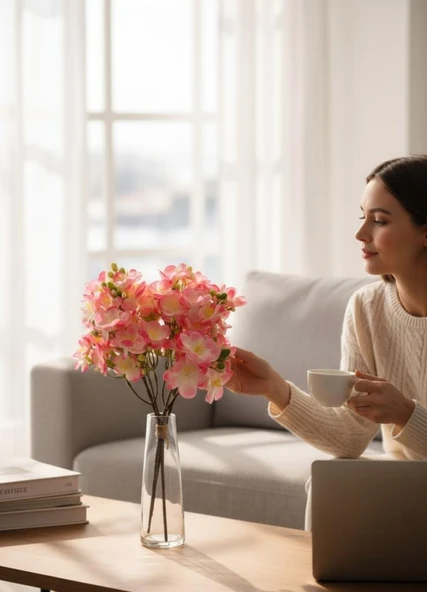 Yapay Çiçek Pembe Yasemin Çiçeği Demeti 4 Dallı Buket 40*20cm - Resim 5