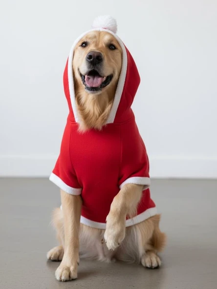 White Tree Kırmızı Yılbaşı Köpek Kıyafeti | Noel Baba Kapüşonlu Polar Sweatshirt | Orta ve Büyük Irklar İçin - Resim 4