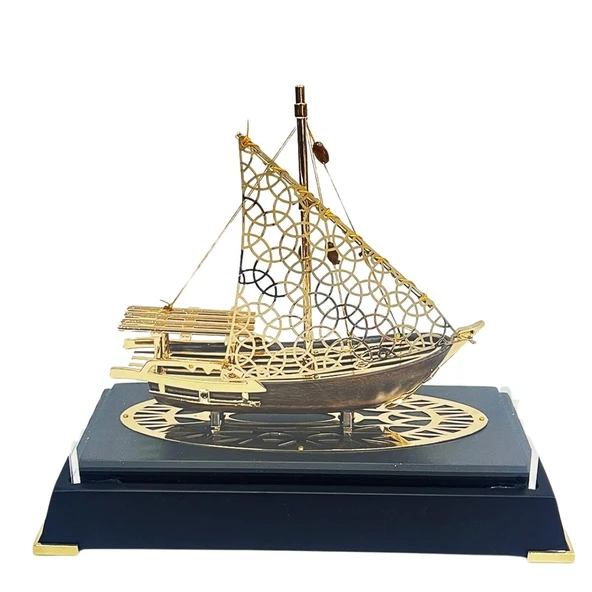 Pirinç Yelkenli Gemi Altın Kaplama Katar Dhow Teknesi Deri Kutulu 23cm No.2 - Resim 2
