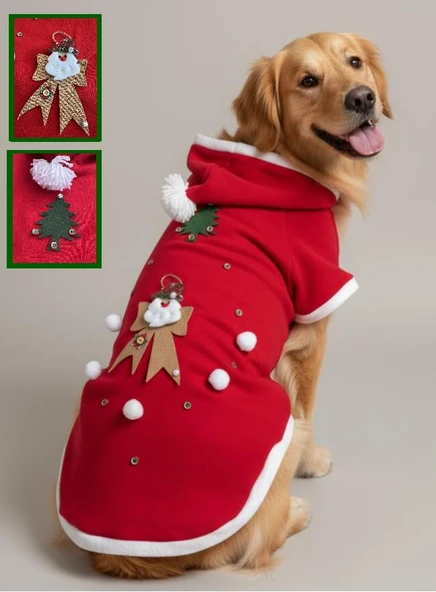Santa Bow Kırmızı Yılbaşı Köpek Kıyafeti | Noel Baba Kapüşonlu Polar Sweatshirt | Orta ve Büyük Irklar İçin ürün görseli