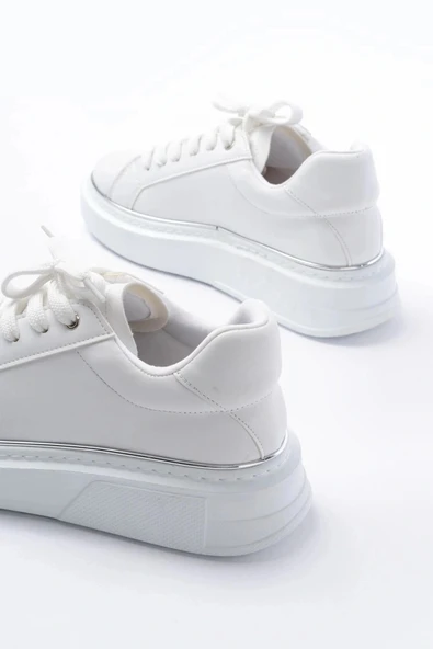 RS-2435 Beyaz Gümüş Bağcıklı Dikişli Günlük Spor Ayakkabı - Resim 5