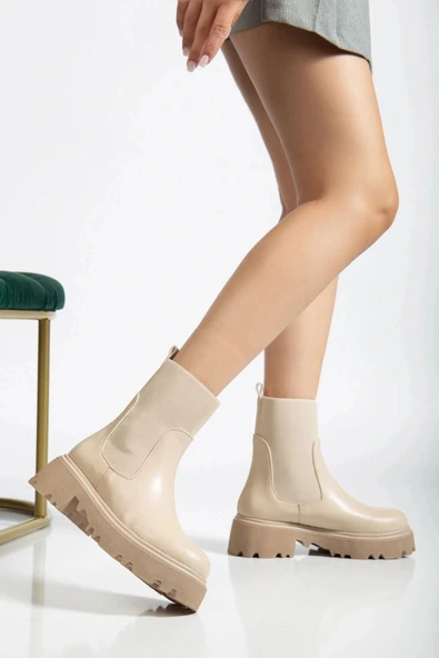 K-815 Bej Lastikli Yüksek Tabanlı Günlük Kadın Bot - Resim 3