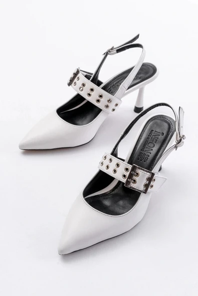 İNF-260 Beyaz Günlük Arkası Açık Baret Tokalı Topuklu Bayan Ayakkabı - Resim 3