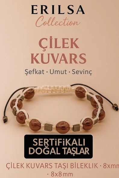 Sertifikalı Çilek Kuvars Doğal Taş Bileklik - 8x8 mm Sevgi Umut Şefkat Enerji Taşı ürün görseli