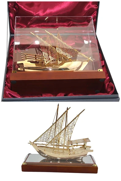 Pirinç Yelkenli Gemi Altın Kaplama Katar Dhow Teknesi Kutulu 29cm No.1 - Resim 8
