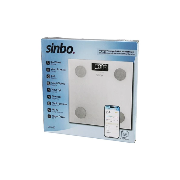 YAĞ ÖLÇERAKILLI BLUETOOTH CAM BASKÜL PİLLİ 180KG/50GR 28X28CM 8-KİŞİ HAFIZA LCD EKRAN GÖSTERGE SBS-4467 (5284) ürün görseli
