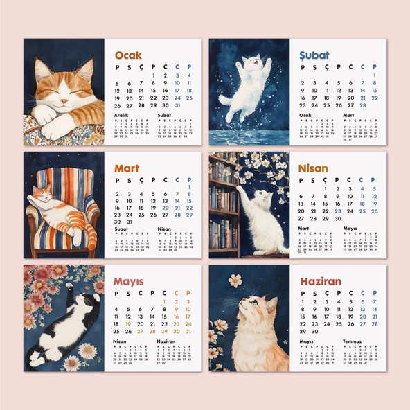 2026 Kedili Masa Takvimi | Üç Aylık Takvim - Önceki Ay Sonraki Ay | Kedi Severlere Hediye - Resim 3