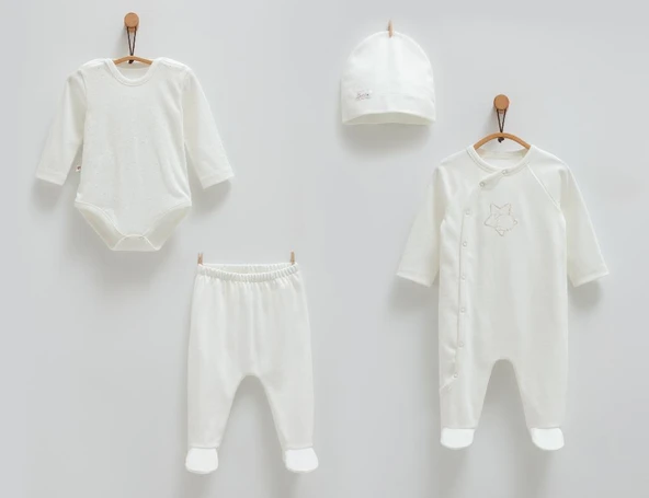 Caramell %100 Pamuk Cute Bear 4'lü Set 56-62 cm 1-3 Ay Ekru CRML.EKR.ZE1456 - Resim 2