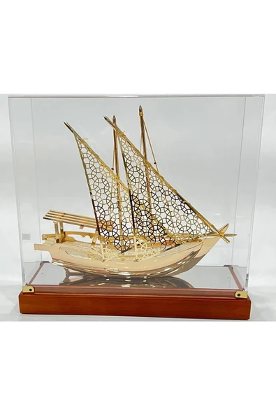 Pirinç Yelkenli Gemi Altın Kaplama Katar Dhow Teknesi Kutulu 29cm No.1 - Resim 6