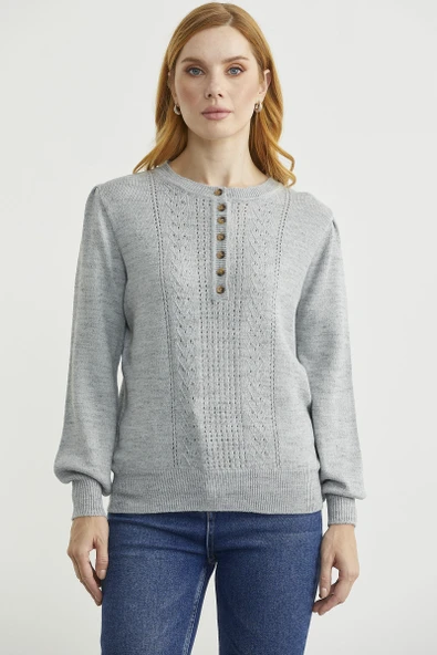 Yarım Düğmeli Yuvarlak Yaka Triko Kazak - Açık Gri - Resim 2