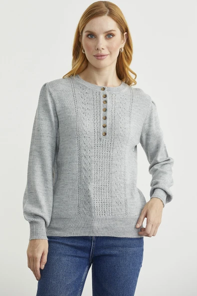 Yarım Düğmeli Yuvarlak Yaka Triko Kazak - Açık Gri ürün görseli 1