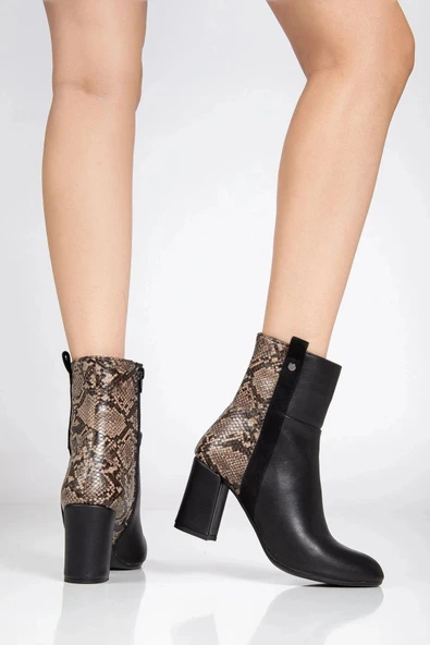 292 Siyah Leopar Desen Detaylı Fermuarlı  Yüksek Topuklu Günlük Kadın Bot - Resim 3