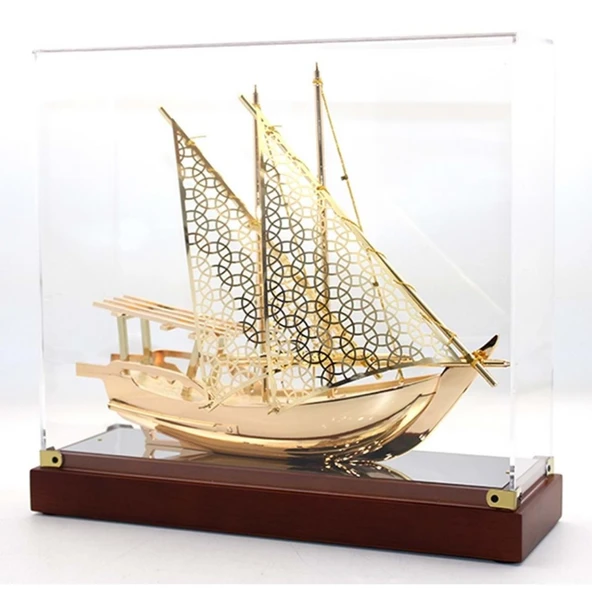 Pirinç Yelkenli Gemi Altın Kaplama Katar Dhow Teknesi Kutulu 29cm No.1 - Resim 3