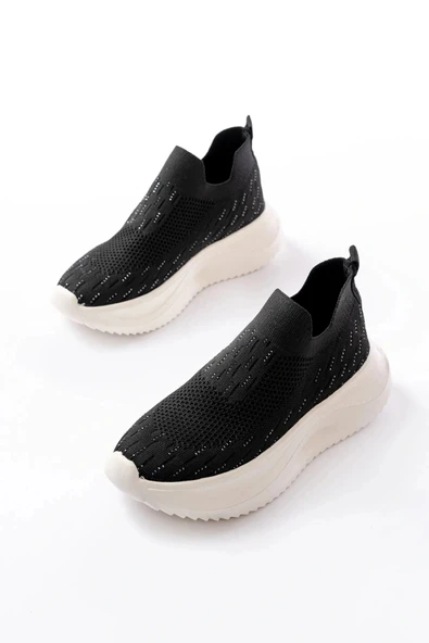 DM-707  Siyah Fileli Beyaz Faillant Taban Taş Aksesuarlı Günlük Spor Ayakkab - Resim 3