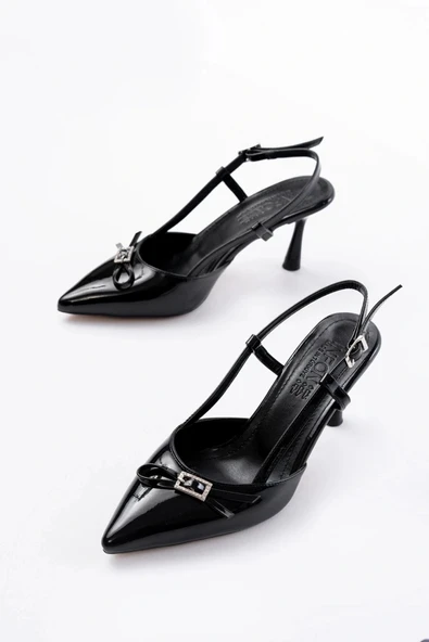 İNF-2300 Siyah Rugan Günlük Arkası Açık Fiyonklu Topuklu Bayan Ayakkabı - Resim 3