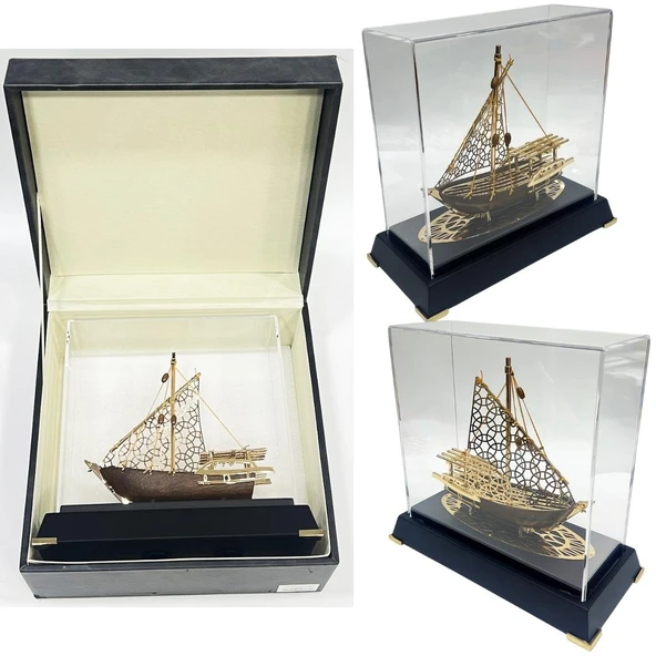 Pirinç Yelkenli Gemi Altın Kaplama Katar Dhow Teknesi Deri Kutulu 23cm No.2 - Resim 5