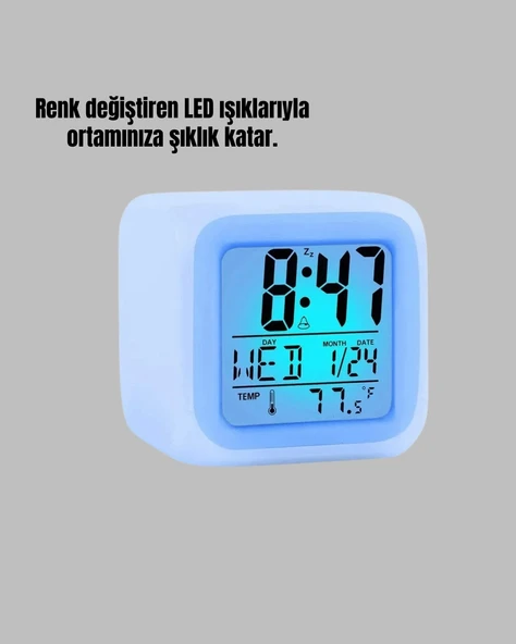 7 Renk LED Işıklı Alarmlı Dijital Küp Masa Saati Termometreli - Resim 5