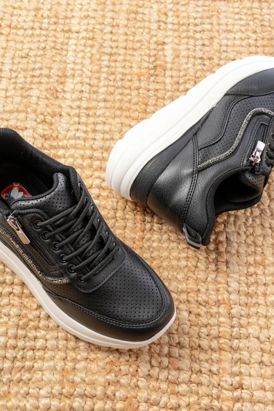 F-207 Siyah Bağcıklı Fermuarlı Taş Aksesuarlı Mevsimlik Spor Ayakkabı - Resim 4