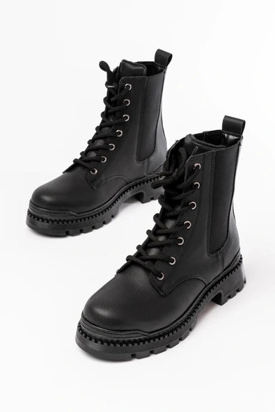 2051-298 Siyah Luna Düz Topuklu Bağcıklı Lastikli Günlük Kadın Bot - Resim 3